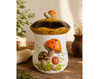 Vintage Mushroom Canister Ceramic Cookie Jar Woodland Cottagecore Kitchen Decor