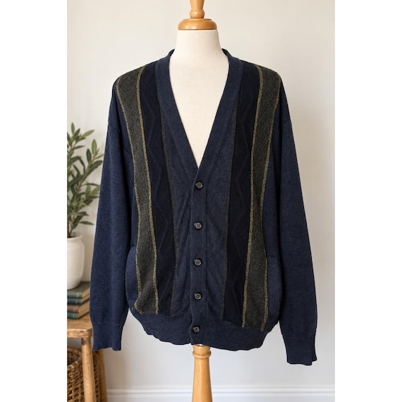 Vintage Navy Striped Knit Cardigan Mens Estimated XXL Made Canada Grandpacore
