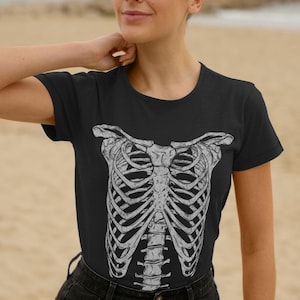 Plus Size Goth Skeleton Shirt UK8-UK24, Gothic Graphic Tee, Dark Academia Organic Apparel, Rib Cage Horror Art, Halloween T-Shirt