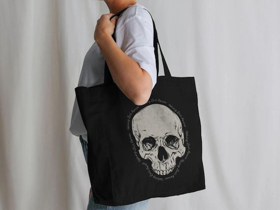 Horror Skull Tote Bag, Corporate Goth Bag, Women's Black Tote Bag, Spooky Season Gothic Gift for Her, Strong Reusable Market & Grocery Bag