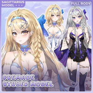 Pode incluir: Imagem de um modelo VTuber pré-fabricado com três personagens em estilo anime. Os modelos têm cabelos longos, roupas detalhadas e acessórios. O texto "Sagittarius Model" e "Full Body" são exibidos na parte superior. O texto "Premade VTuber Model" está na parte inferior.