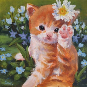 Peinture acrylique originale – Chaton roux dans le jardin sur toile – 25 x 25 cm (9,84 x 9,84 po) – Beaux-Arts verni