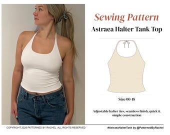 Halter Tank Top Sewing Pattern – Astraea Beginner Fully Lined Open Back Jersey Knit, Sizes 00-18 | PDF Digital Download