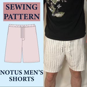 May include: A sewing pattern for Notus shorts is displayed, alongside a person wearing similar shorts. The pattern illustration shows light pink shorts with a drawstring. The shorts worn by the person are white with black vertical stripes.