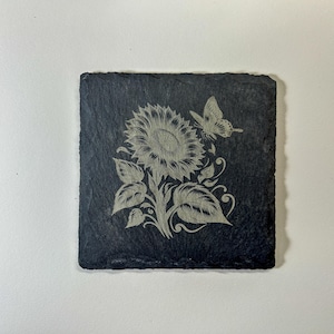 Sunflower & Butterfly Slate Coaster – Laser Engraved Stone Drink Coaster, Rustic Nature Kitchen Decor