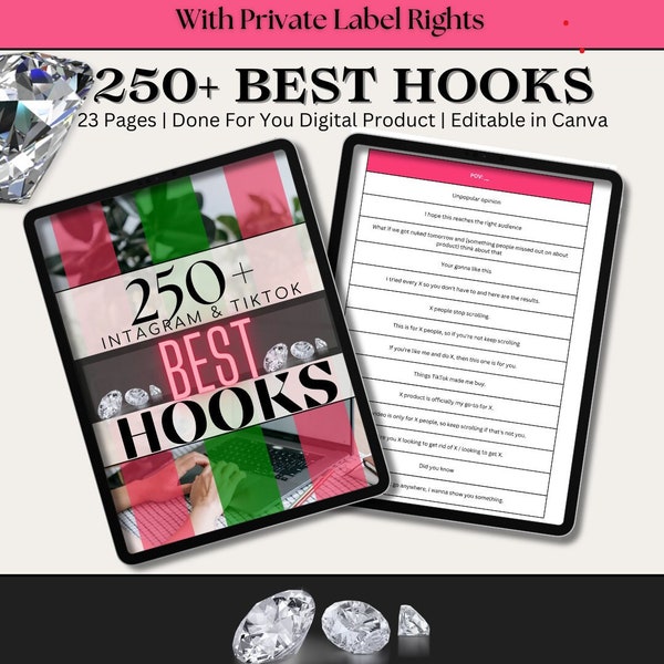 250 Instagram and Tiktok Hooks Best Hooks for Content Creation with PLR and MRR Resell Rights Instant Digital Download Canva Template