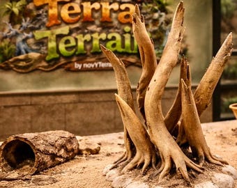 May include: A decorative terrarium background with the text "Terra Terra" and a wooden structure resembling a tree. The scene includes a log, sand, and small rocks, creating a naturalistic environment.
