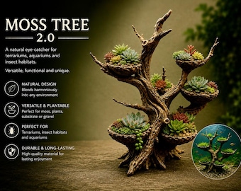 May include: A decorative Moss Tree 2.0, designed for terrariums and aquariums. The tree features multiple platforms with various succulents and plants, creating a natural and unique habitat. The design blends harmoniously into any environment.