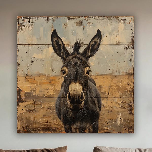 Cute Donkey Wall Art,Rustic Donkey Canvas Print, Animal Farmhouse Decor, Living Room Bedroom Office Entryway Wall Art, Funny Wall Print Gift
