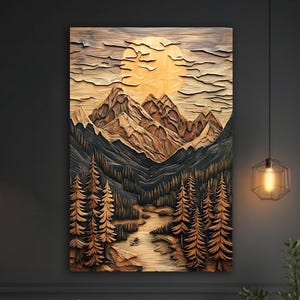 Arte de parede em tela, impressão em tela de montanha, impressão em tela com textura de madeira, arte de parede abstrata de montanha, decoração de parede de sala de estar, arte de parede extragrande