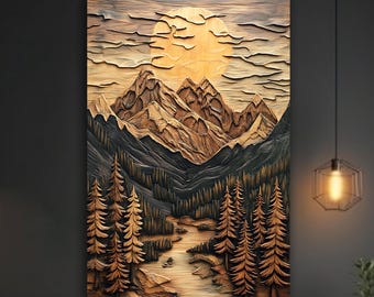 Canvas Wall Art, Mountain Canvas Print, Wood Effect Canvas Print, Abstract Mountain Wall Art, Living Room Wall Decor, Extra Large Wall Art