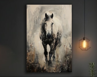 May include: A white horse stands in a field of tall grass, looking directly at the viewer. The horse is painted in a realistic style with a textured background.