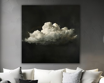 White Cloud Wall Art, Large Cloudy Sky Painting, Vintage Cloud Oil Painting Print, White Cloud Abstract Art, Dark Sky Painting Cloud Decor