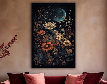 Moon Eclipse Botanical William Morris Inspired Art Print Canvas, Dark Cottagecore Decor, Dark Academia Canvas Print, Moody Wall Art, Artwork