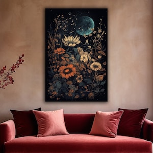 Moon Eclipse Botanical William Morris Inspired Art Print Canvas, Dark Cottagecore Decor, Dark Academia Canvas Print, Moody Wall Art, Artwork