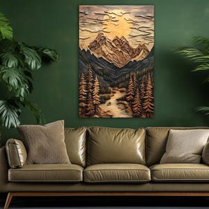 May include: A wood carving of a mountain landscape with a river flowing through it. The carving is painted in shades of brown and beige, with a hint of gold for the sun.