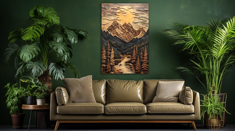 May include: A wood carving of a mountain landscape with a river flowing through it. The carving is painted in shades of brown and beige, with a hint of gold for the sun.