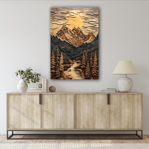 May include: A wood carving of a mountain landscape with a river flowing through it. The carving is in shades of brown, black, and gold.