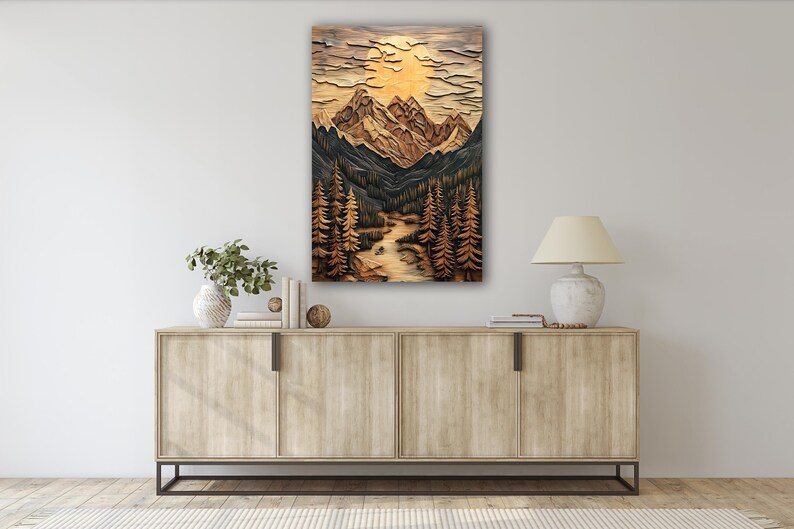May include: A wood carving of a mountain landscape with a river flowing through it. The carving is in shades of brown, black, and gold.