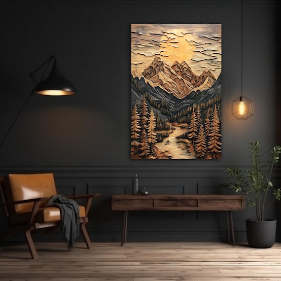 Canvas Wall Art, Mountain Canvas Print, Wood Effect Canvas Print, Abstract Mountain Wall Art, Living Room Wall Decor, Extra Large Wall Art