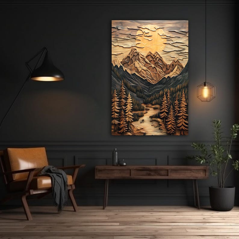 May include: A wood carving of a mountain landscape with a river flowing through it. The carving is in shades of brown and gold, with a large sun in the sky. The carving is framed and hanging on a dark wall.