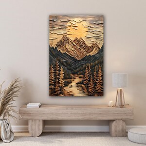 May include: A wood carving of a mountain landscape with a sun in the sky and a river flowing through the valley. The carving is done in shades of brown and gold.