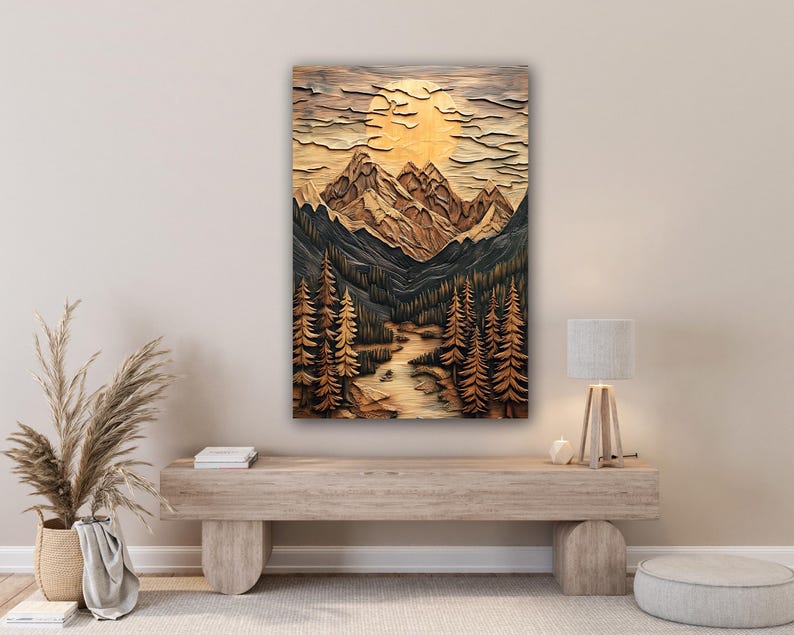 May include: A wood carving of a mountain landscape with a sun in the sky and a river flowing through the valley. The carving is done in shades of brown and gold.