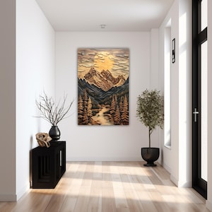 May include: A wood carving of a mountain landscape with a river flowing through it. The carving is in shades of brown, black, and white, and features a sun shining in the sky.