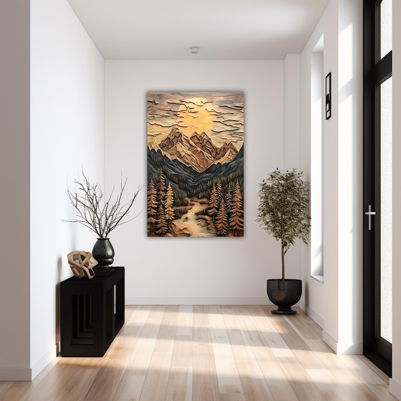 May include: A wood carving of a mountain landscape with a river flowing through it. The carving is in shades of brown, black, and white, and features a sun shining in the sky.