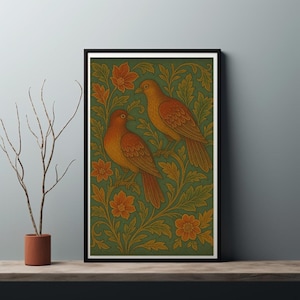May include: Framed art print featuring two orange birds perched on a leafy branch with orange flowers against a green background. The artwork has a vintage, botanical style, with a black frame.