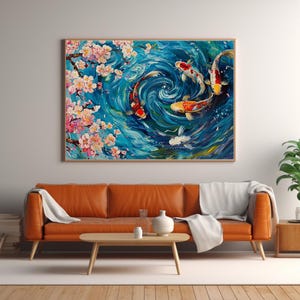 Oil painting Koi fish pond with swirling water, cherry blossom petals, Japanese Art, Wall Art Print, Paintings for Living Room Walls