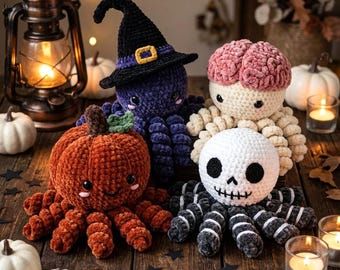 May include: Four crocheted plush toys featuring a purple octopus with a black witch hat, a beige octopus with a pink brain-shaped top, an orange pumpkin-shaped octopus, and a white skull-shaped octopus with black eye sockets and stitched mouth.