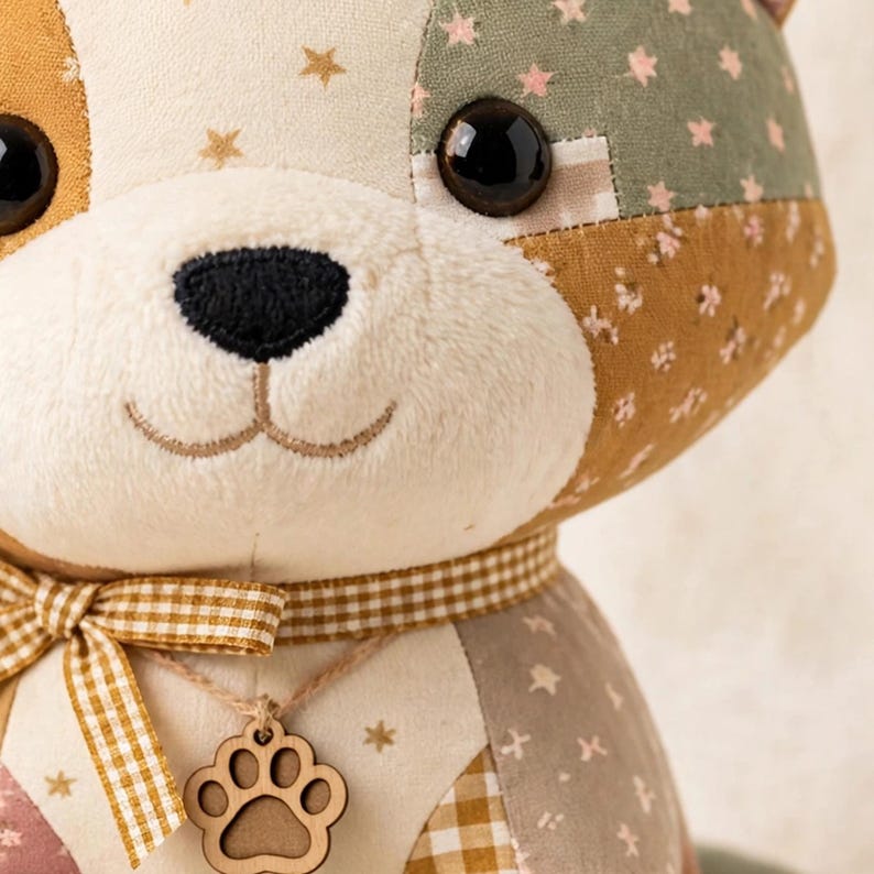 May include: A plush animal toy featuring a patchwork design in shades of tan, cream, and sage green with star and floral patterns. The toy has large black plastic eyes, a black embroidered nose, a gingham ribbon collar, and a wooden paw print charm.