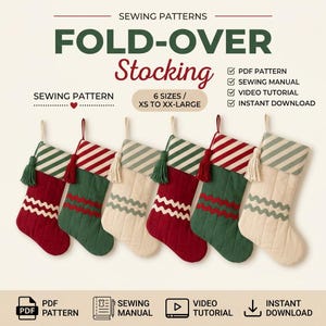 Peut inclure: Un patron de couture pour chaussette de Noël à revers en six tailles, du XS au XX-Large. L'image montre six chaussettes rouges, vertes et crème avec des revers rayés, des pompons et des bordures ondulées. Inclut PDF, manuel et tutoriel.