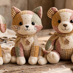 May include: A patchwork cat and bear plush toy set made from various fabric patterns including gingham, floral, and star prints in muted earth tones. Each stuffed animal features black button eyes, a stitched nose, and a paw print charm on a ribbon.