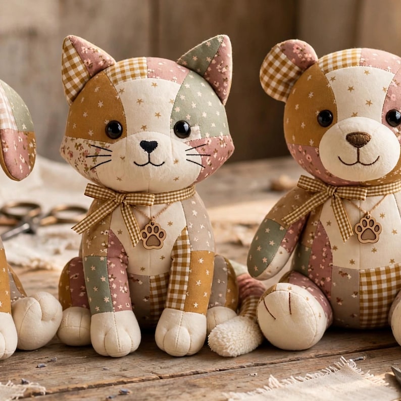 May include: A patchwork cat and bear plush toy set made from various fabric patterns including gingham, floral, and star prints in muted earth tones. Each stuffed animal features black button eyes, a stitched nose, and a paw print charm on a ribbon.