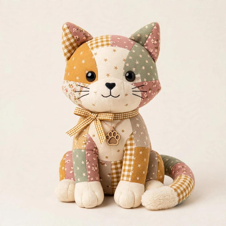 May include: A stuffed cat toy made of patchwork fabric in shades of mustard yellow, sage green, and cream. The cat features a gingham ribbon bow around its neck, a wooden paw print charm, black button eyes, and a stitched nose and whiskers.