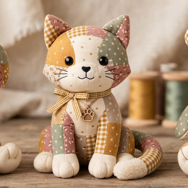 May include: A stuffed cat toy made of patchwork fabric in shades of cream, sage green, and mustard yellow with gingham and star patterns. The cat features black button eyes, a stitched nose and mouth, a gingham ribbon bow, and a wooden paw print charm.