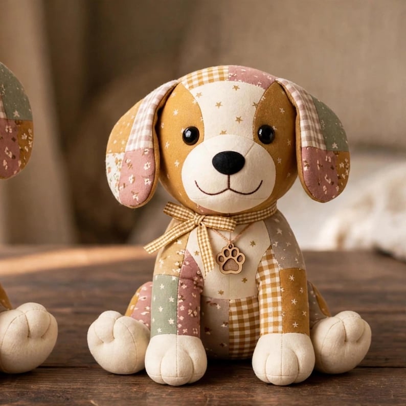 May include: A stuffed dog toy made of patchwork fabric in shades of tan, brown, and muted green with star, floral, and gingham patterns. The dog has black button eyes, a black nose, a gingham ribbon around its neck, and a wooden paw print charm.
