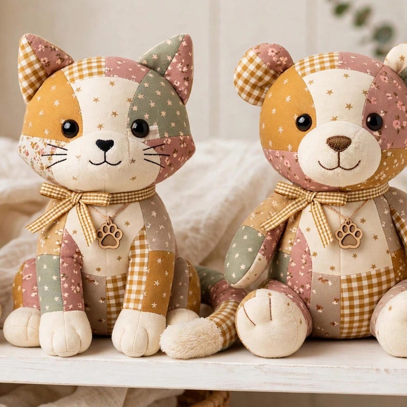May include: Two plush toys, a cat and a bear, made from patchwork fabric in muted tones of mustard yellow, sage green, and dusty rose. Both feature small star and floral patterns, gingham accents, a brown ribbon bow, and a wooden paw print charm.