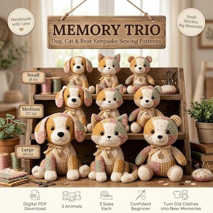 Memory Bear Sewing Pattern Bundle, Memory Dog Cat Plush PDF, 3 in 1 Keepsake Animals from Baby Clothes, Stuffed Animal Pattern