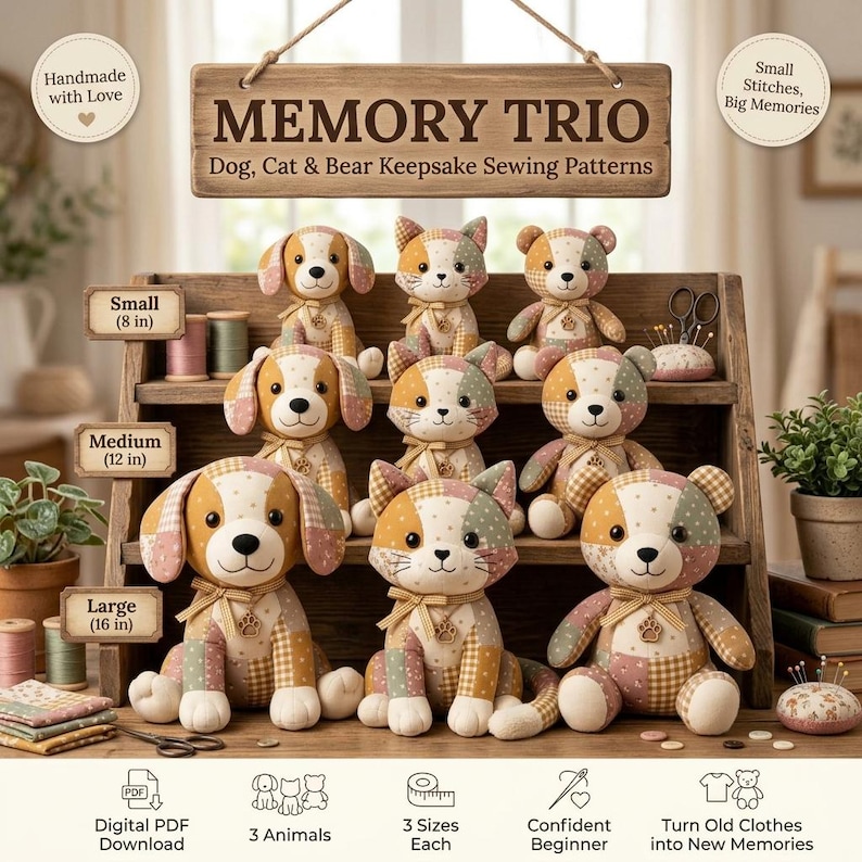 Memory Bear Sewing Pattern Bundle, Memory Dog Cat Plush PDF, 3 in 1 Keepsake Animals from Baby Clothes, Stuffed Animal Pattern image 1