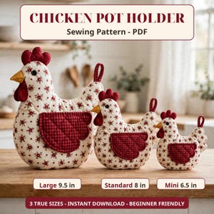 Chicken Pot Holder Sewing Pattern PDF, Quilted Hen Potholder with Wing Pocket, Farmhouse Kitchen Hot Pad, 3 Sizes, Instant Download