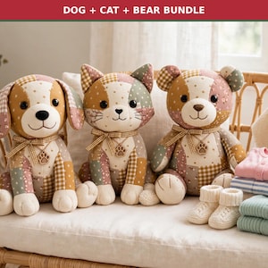 Naaipatroonbundel voor een herinneringsbeer, PDF-bestand van een herinneringshond en -kat pluche, 3-in-1 herinneringsdieren gemaakt van babykleding, patroon voor een knuffeldier