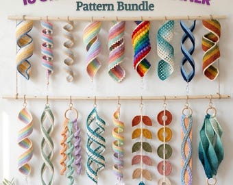 May include: A collection of 18 crochet wind spinners hanging from two wooden rods. The items feature various spiral, leaf, and circular designs in rainbow, pastel, and solid colour palettes. The text 18 CROCHET WIND SPINNER Pattern Bundle is visible.