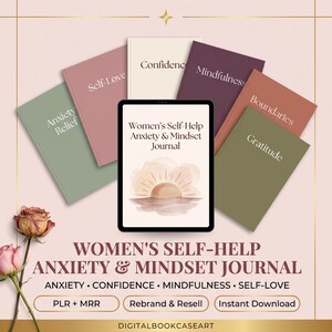 May include: A digital tablet displaying the title Women's Self-Help Anxiety & Mindset Journal with a sun graphic, surrounded by six journals titled Anxiety Relief, Self-Love, Confidence, Mindfulness, Boundaries, and Gratitude in muted tones.