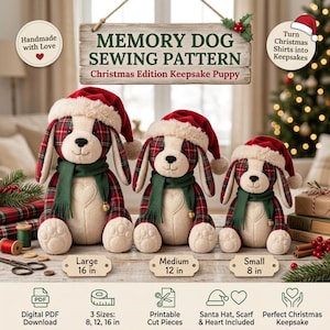 May include: Three plush dog toys in large, medium, and small sizes, measuring 16, 12, and 8 inches. Each dog features a red and green plaid pattern, a cream-colored face and paws, a green scarf, and a red Santa hat with white trim.