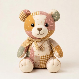 May include: A patchwork teddy bear constructed from various fabric patterns including gingham, floral, and star prints in shades of tan, brown, and muted green. The bear features a brown gingham ribbon bow and a wooden paw print charm around its neck.