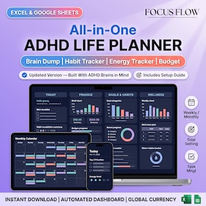Może przedstawiać: Cyfrowy planer życia dla osób z ADHD do programów Excel i Google Sheets o nazwie Focus Flow. Interfejs wyświetla pulpit nawigacyjny z sekcjami dotyczącymi finansów, celów, nawyków i dobrego samopoczucia, w tym kalendarz miesięczny, listy zadań i trackery energii na ekranie laptopa, tabletu i smartfona.