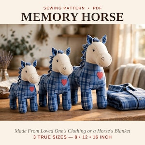 May include: A sewing pattern PDF titled Memory Horse featuring three plush horses in varying sizes of 8, 12, and 16 inches. The horses are made from blue plaid fabric with cream-colored faces and red heart patches.